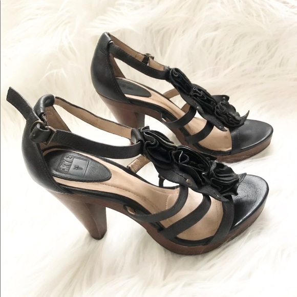 Frye Shoes - Frye Black Leather Heel Strappy Sandals Size 9